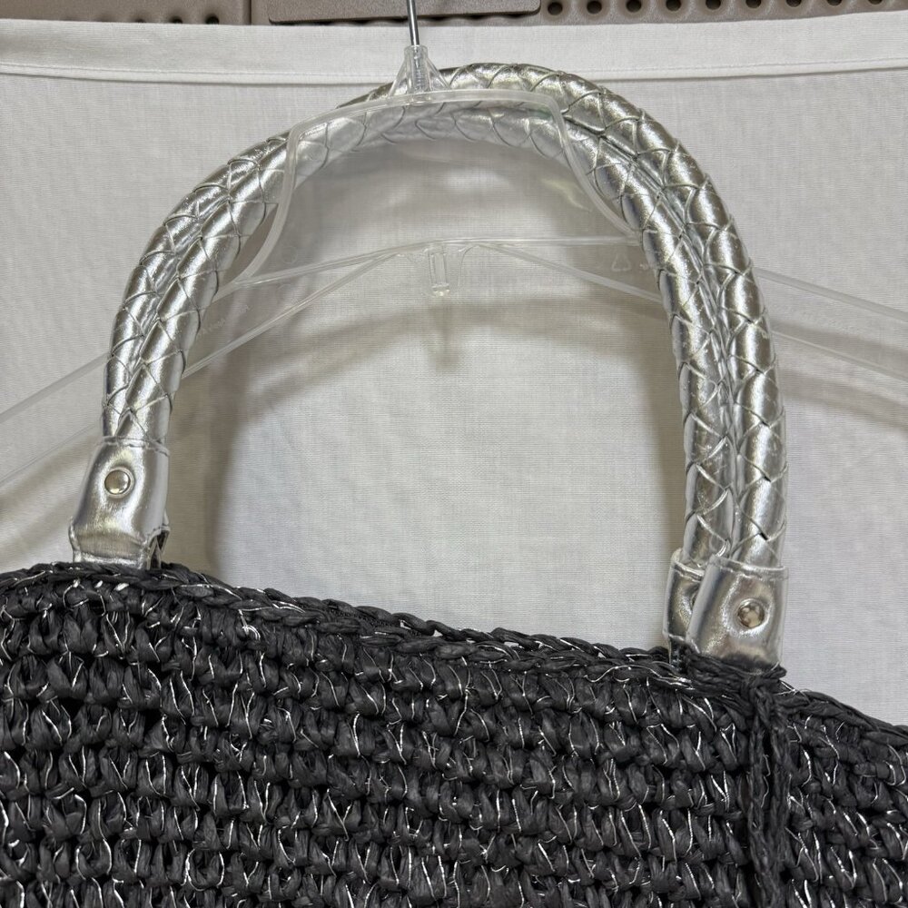 Straw purse bag black boho Medium black handles Silver Metallic Threads - Picture 5 of 7